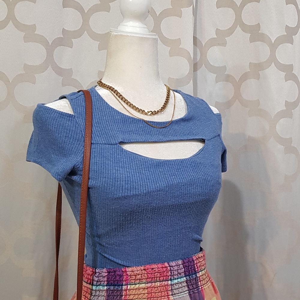 Candie's Blue Ribbed Cut-Out Crop Top